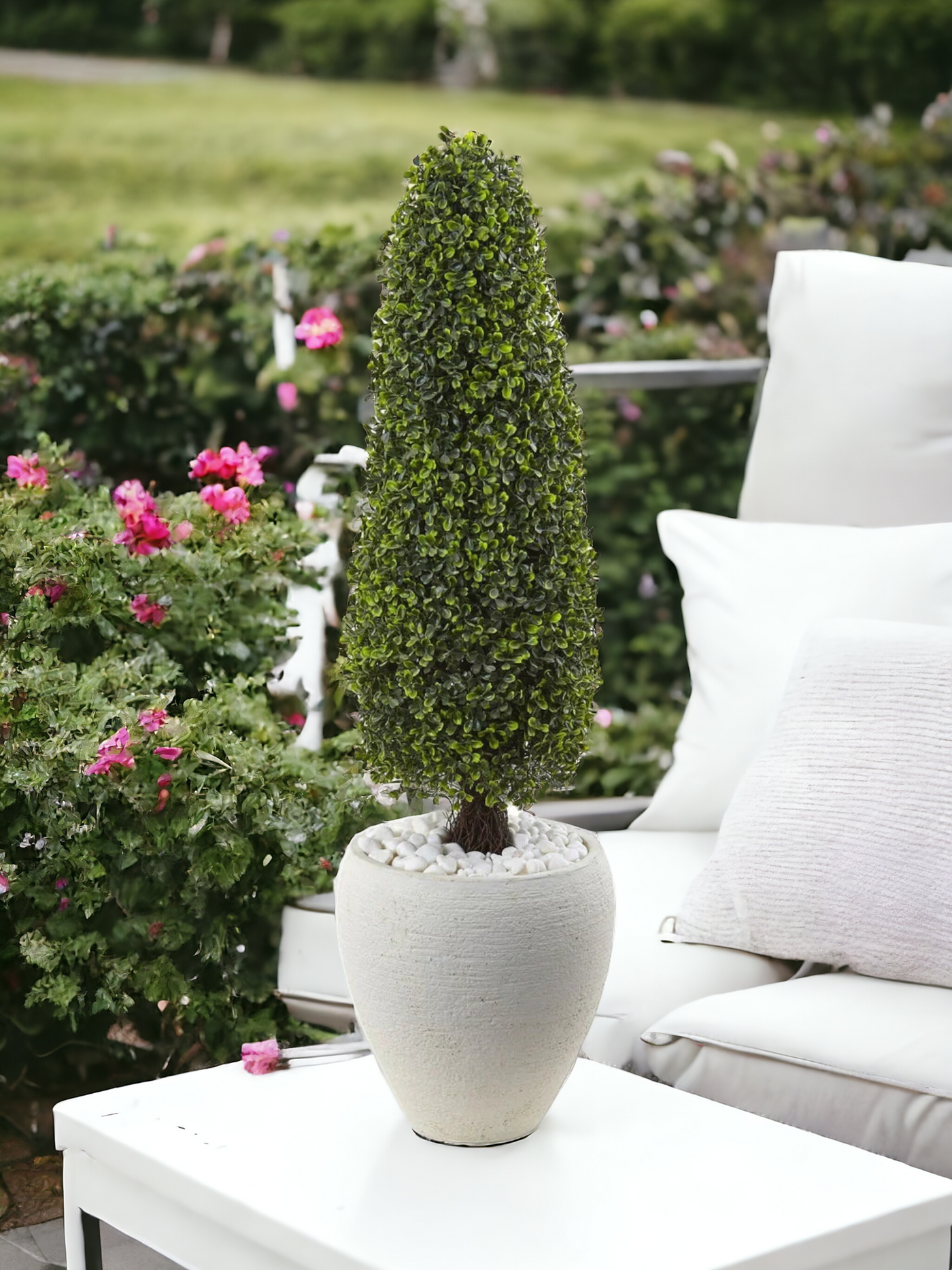 Boxwood Topiary with White Planter UV Resistant (Indoor/Outdoor)