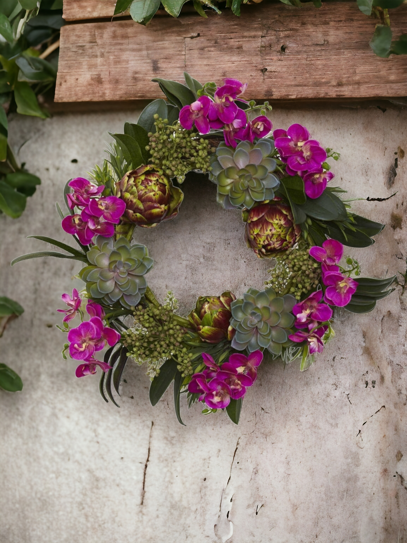 20” Orchid, Artichoke & Succulent Wreath