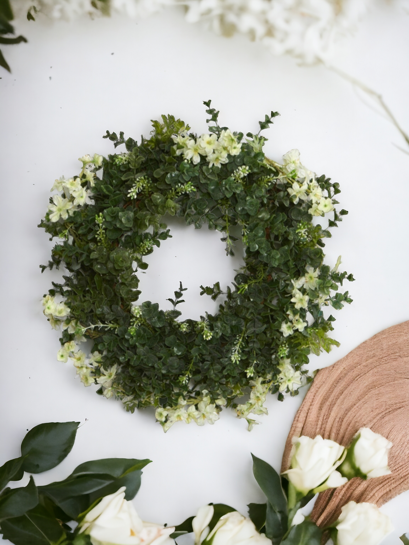 18” Eucalyptus and Dancing Daisy Double Ring Artificial Wreath with Twig Base