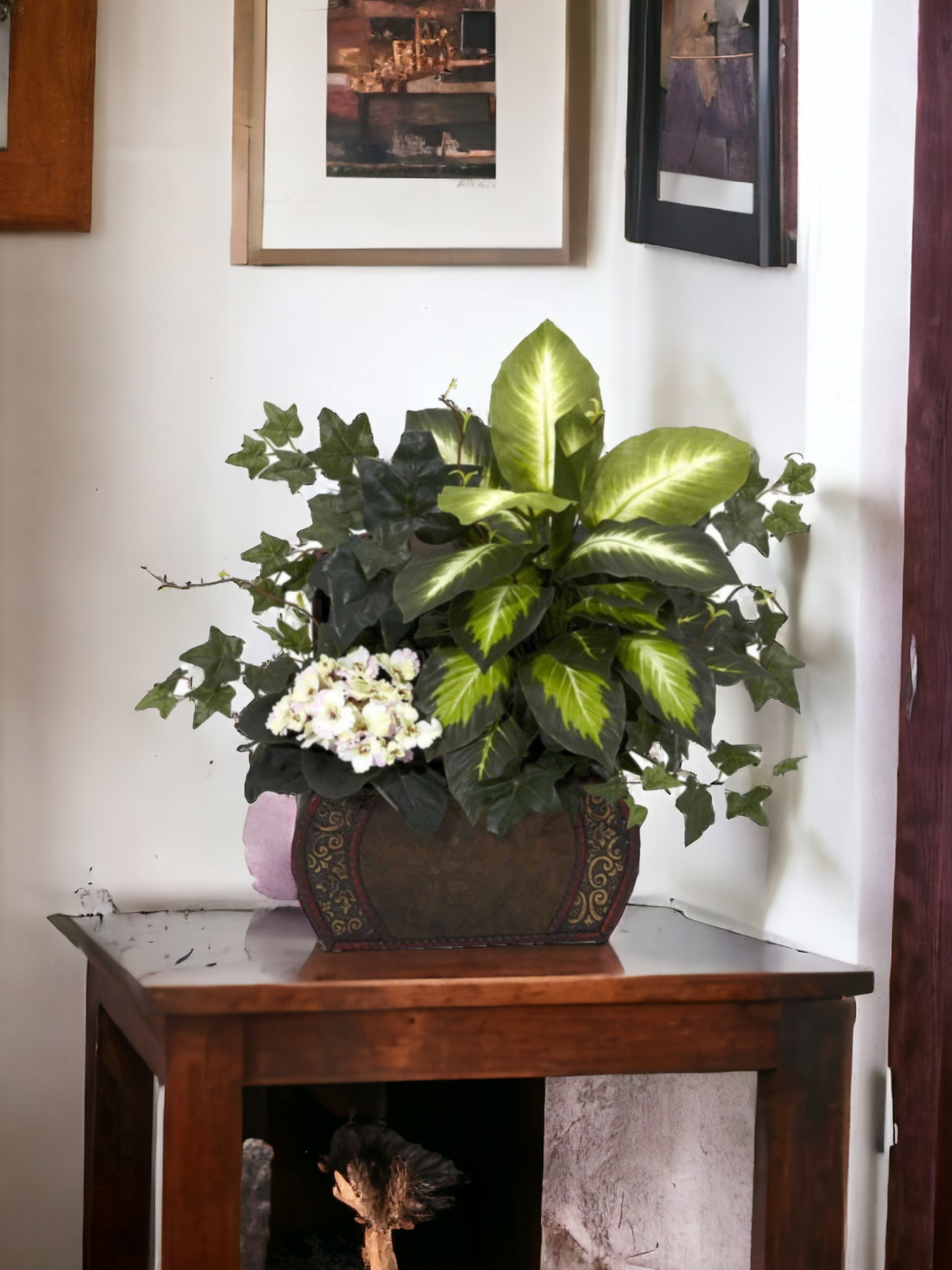 African Violet, Dieffenbachia & Ivy w/Chest Silk Plant