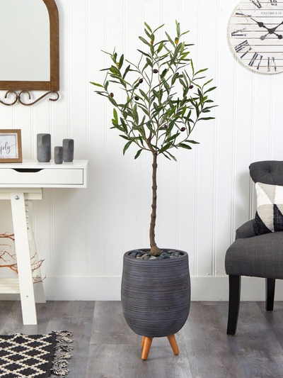 4.5’ Artificial Olive Tree in Gray Planter with Stand