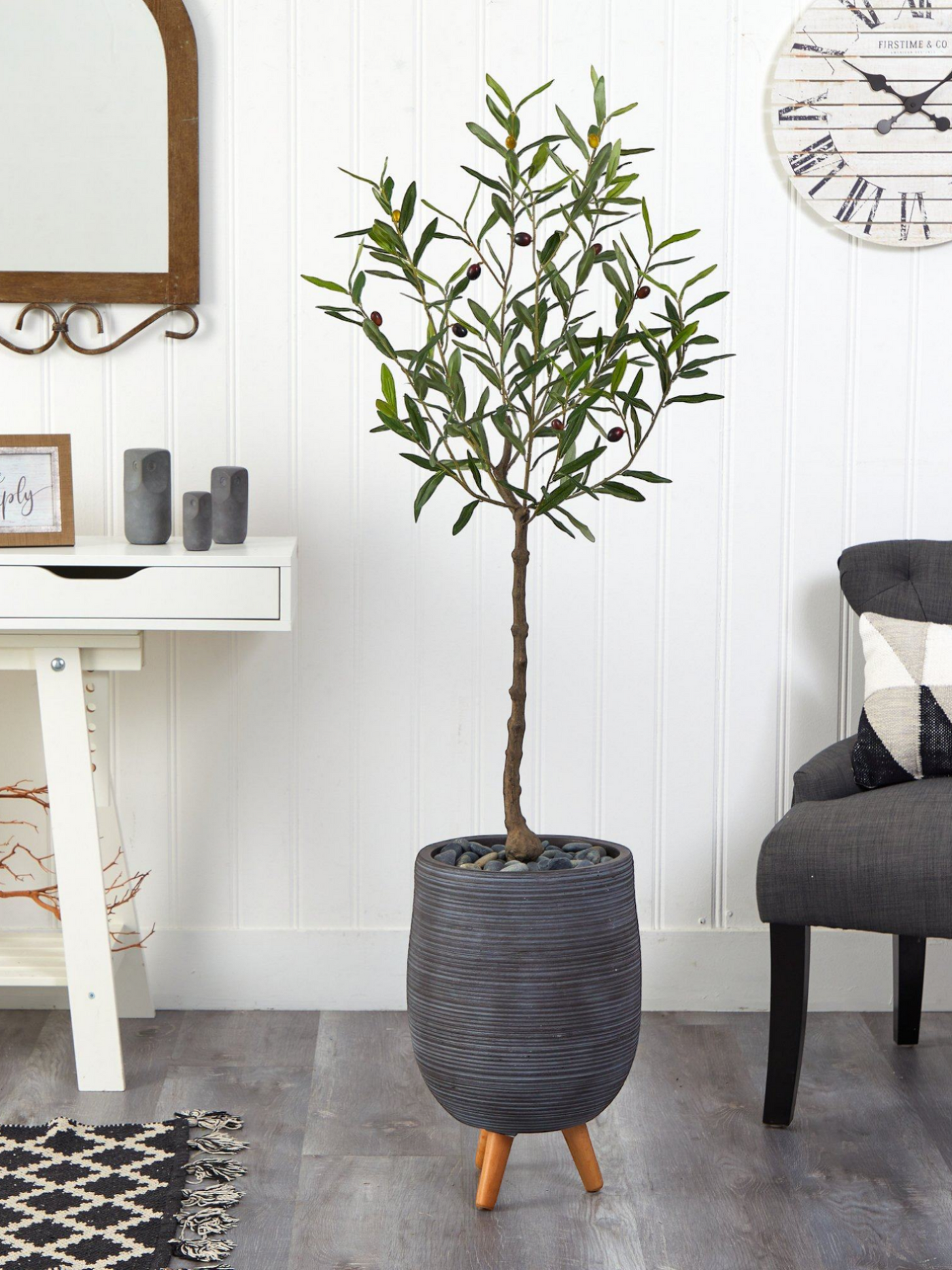 4.5’ Artificial Olive Tree in Gray Planter with Stand