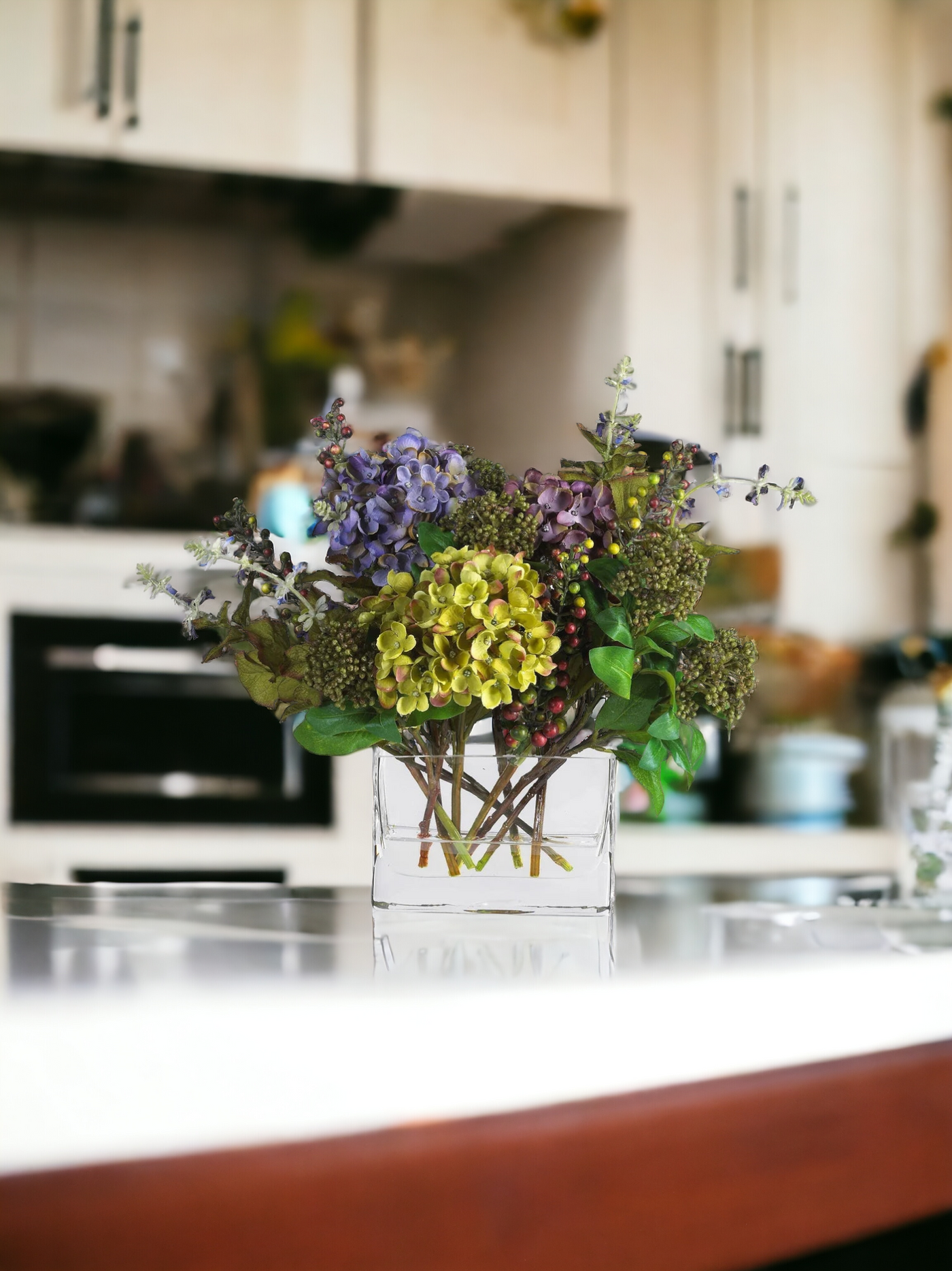 Mixed Hydrangea w/Rectangle Vase Silk Flower Arrangement