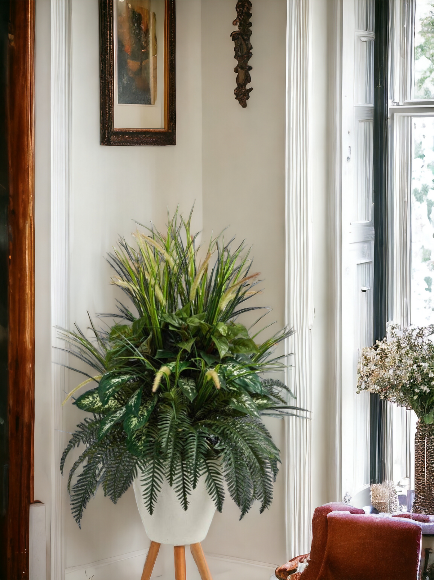 4.5’ Mixed Greens Artificial Plant in White Planter with Legs