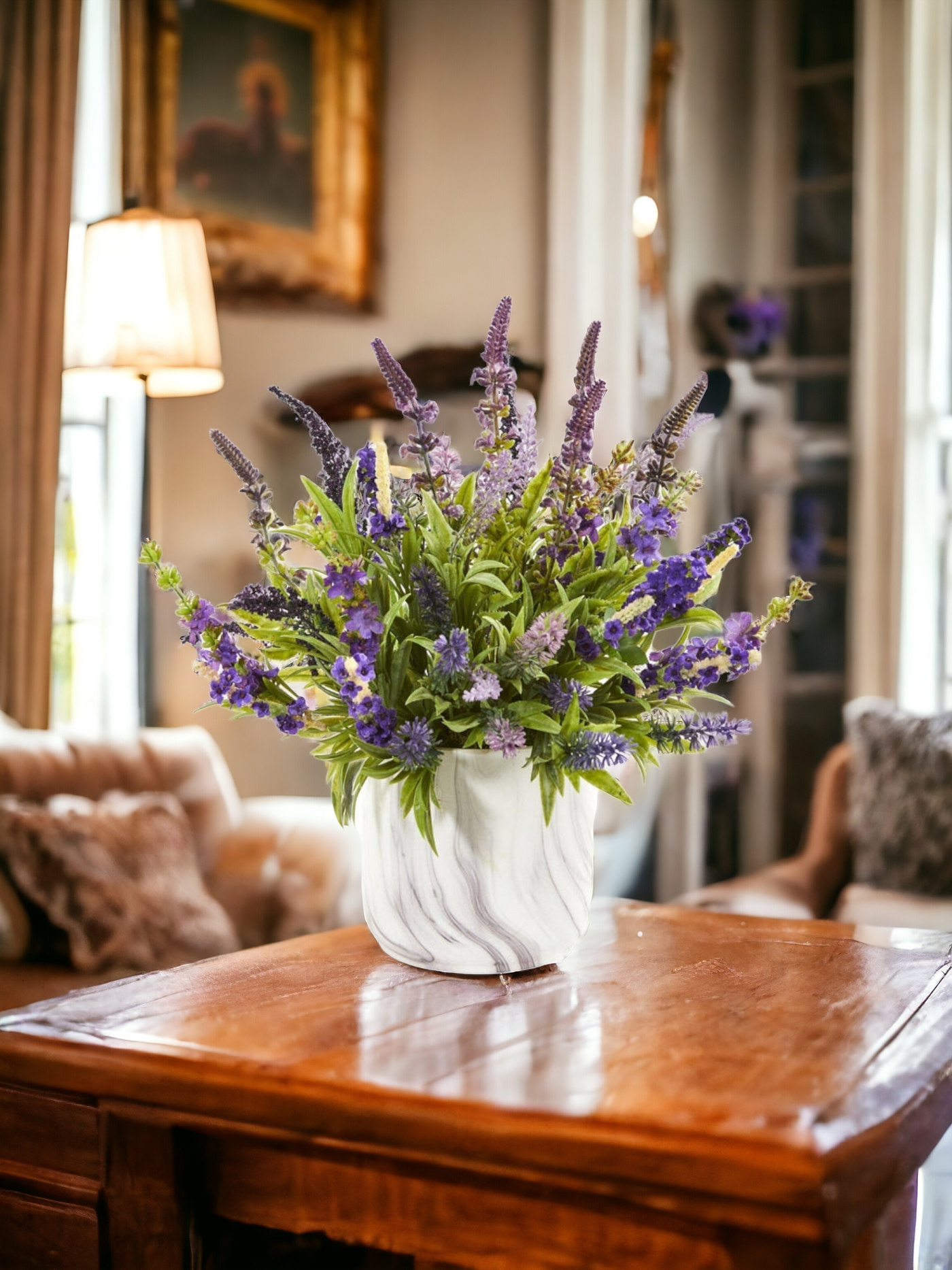 15” Lavender Artificial Arrangement in Marble Vase