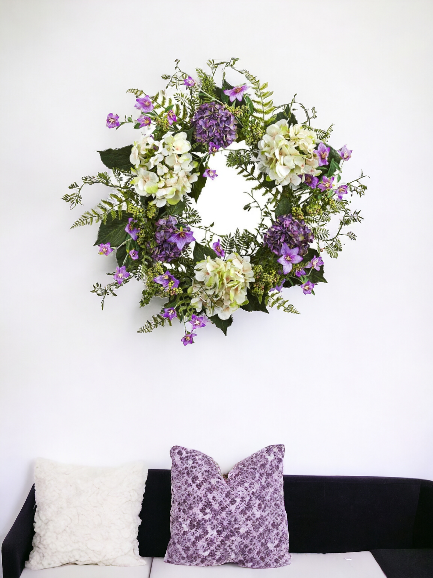 24” Artificial Hydrangea & Berry Wreath Lively Greens and Purple