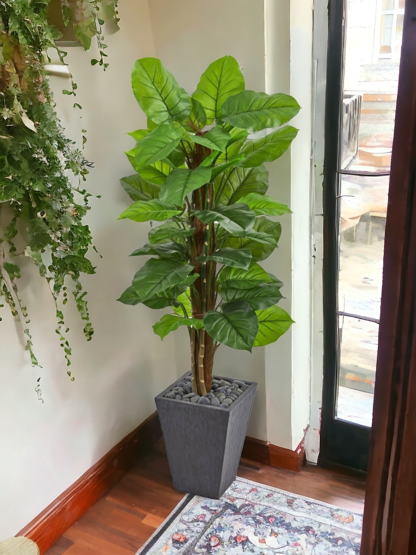 5’ Large Leaf Philodendron Artificial Plant in Slate Planter (Real Touch)