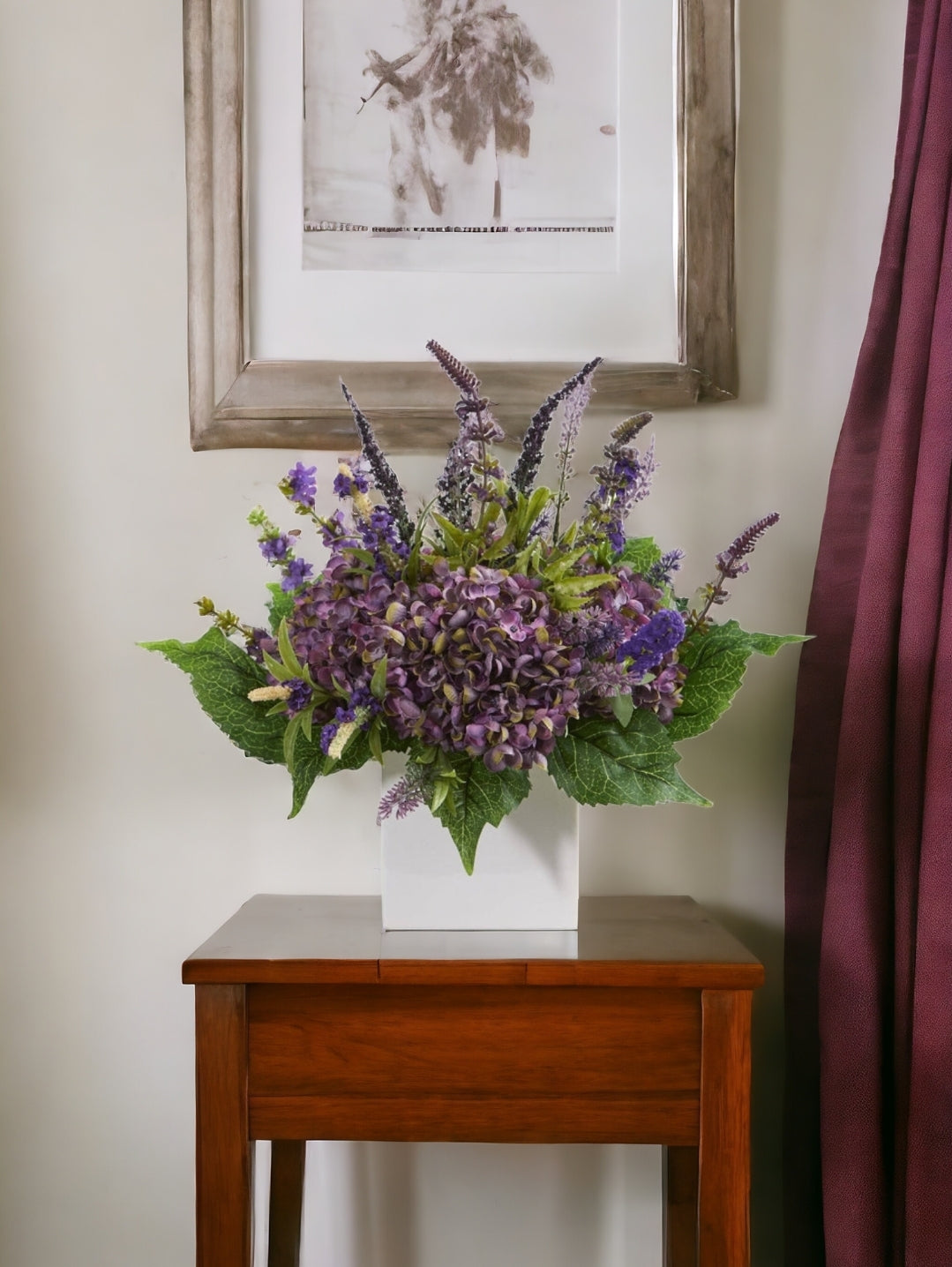 15” Hydrangea and Lavender Artificial Arrangement in White Vase