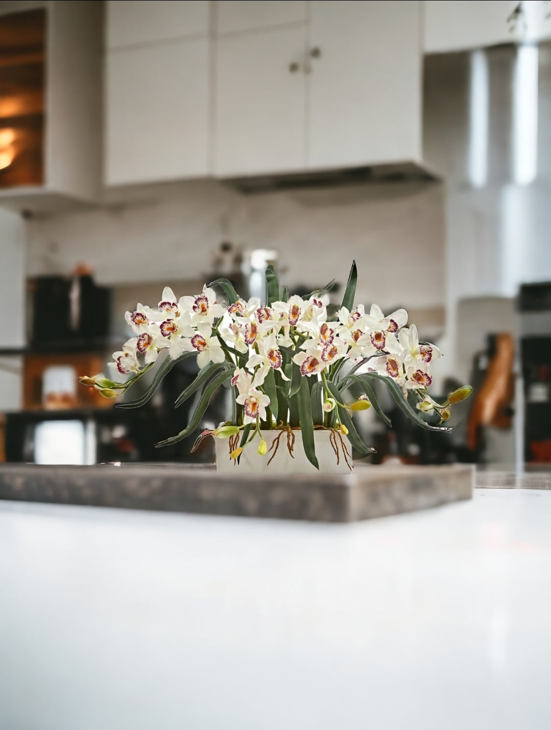 Cymbidium Artificial Arrangement in White Vase