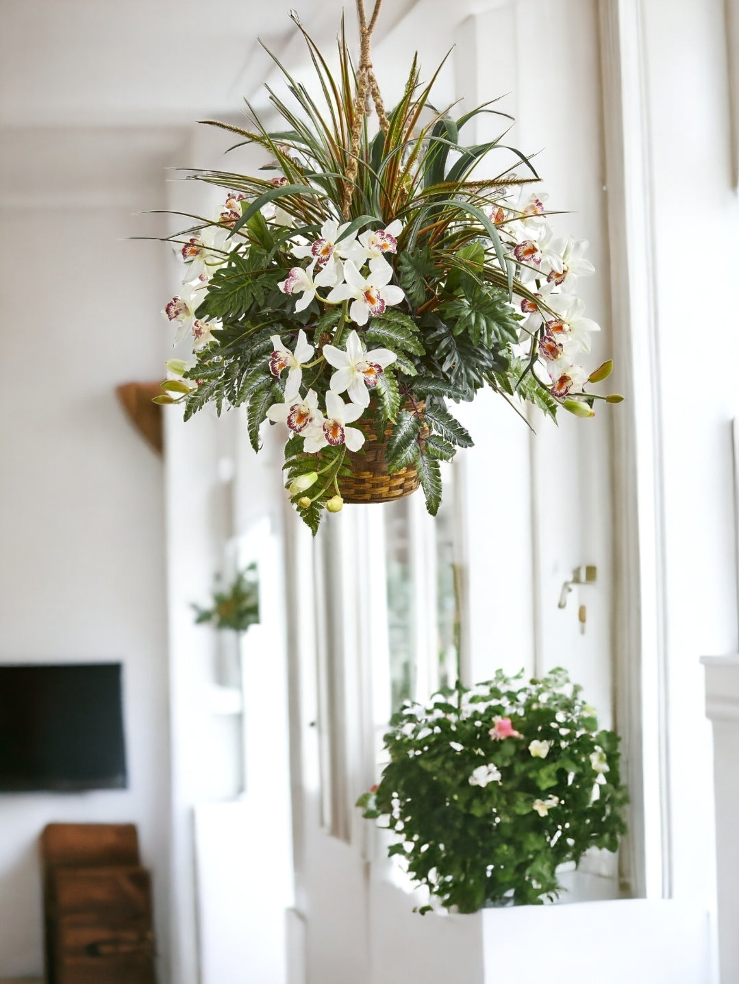 29” Cymbidium Orchid and Mixed Greens Artificial Plant Hanging Basket