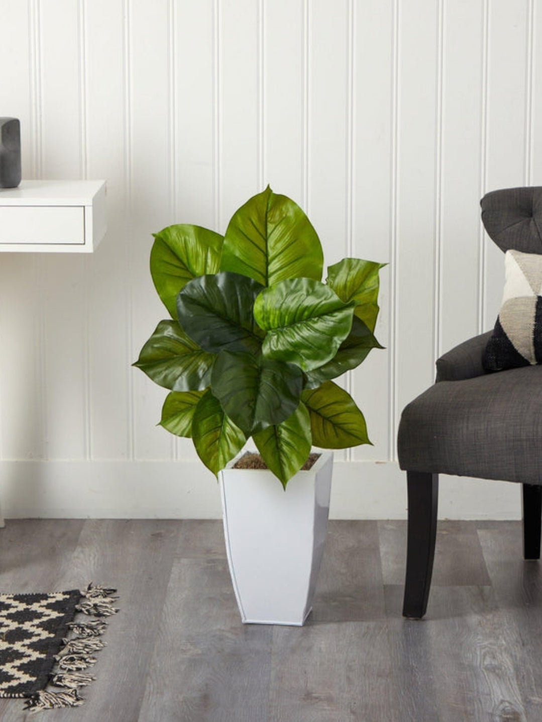 34” Large Philodendron Leaf Artificial Plant in White Metal Planter