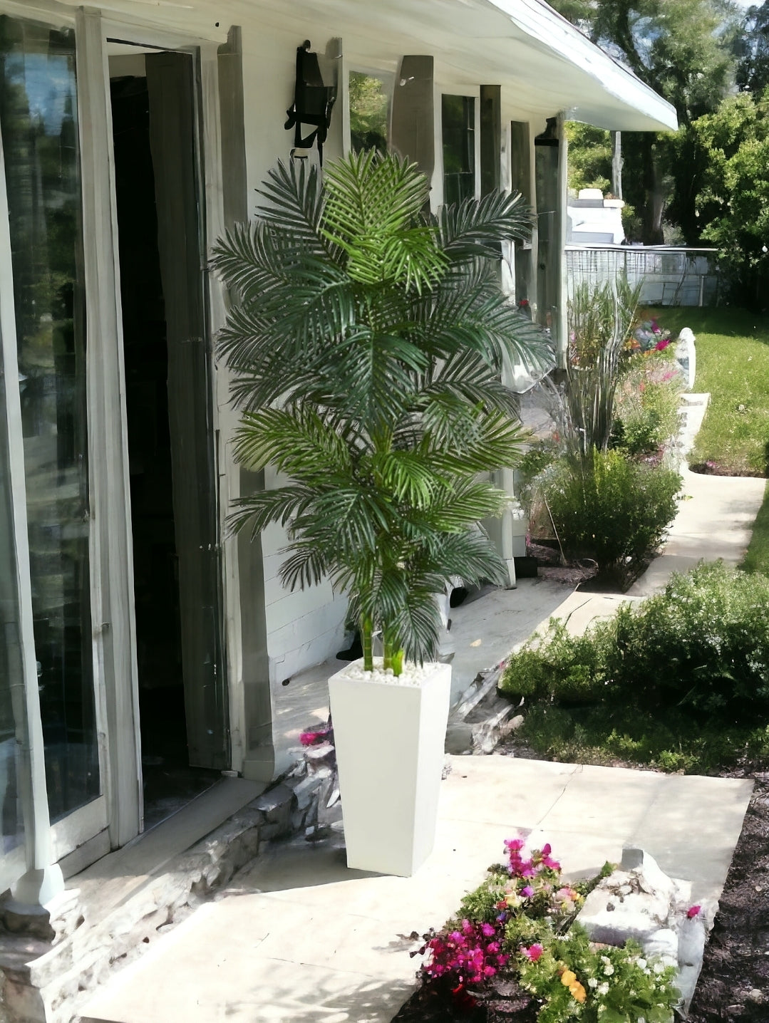 7.5' Golden Cane Palm Artificial Tree in White Tower Planter