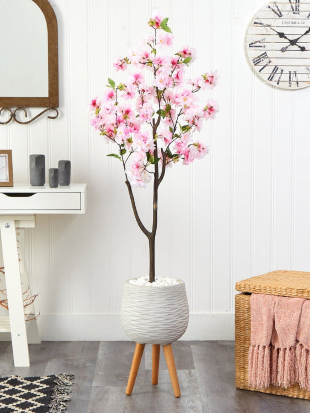 63” Cherry Blossom Artificial Tree in White Planter with Stand