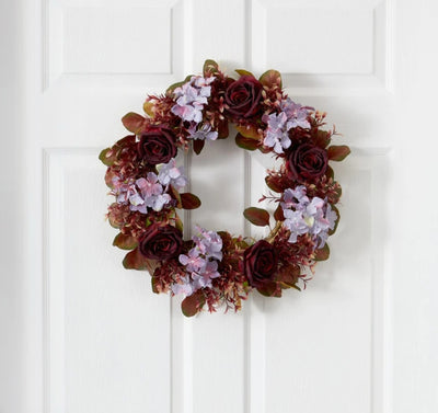 22” Fall Hydrangea and Rose Autumn Artificial Wreath