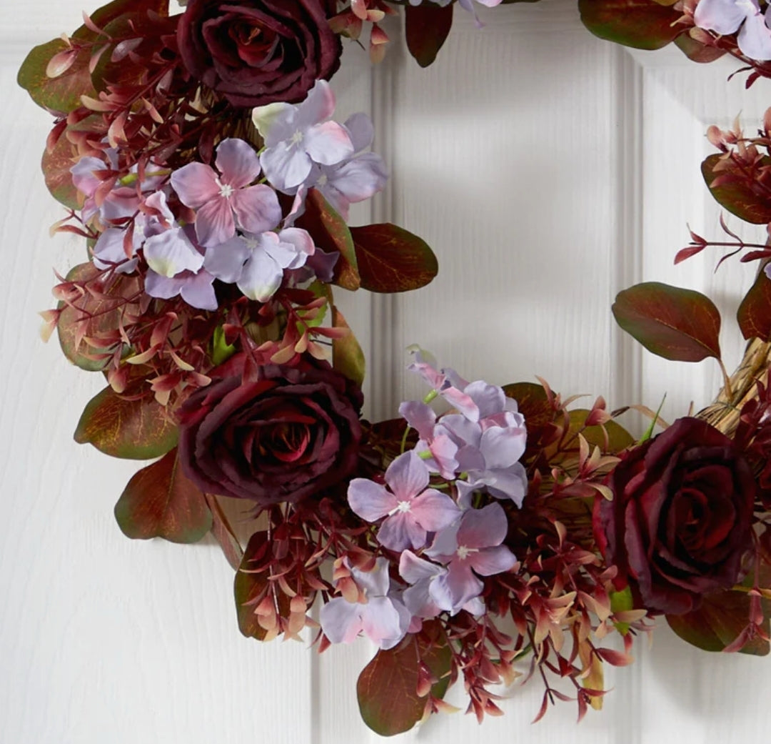 22” Fall Hydrangea and Rose Autumn Artificial Wreath