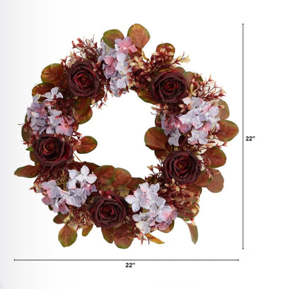 22” Fall Hydrangea and Rose Autumn Artificial Wreath