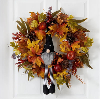 28" Harvest Fall Gnome Artificial Autumn Wreath"