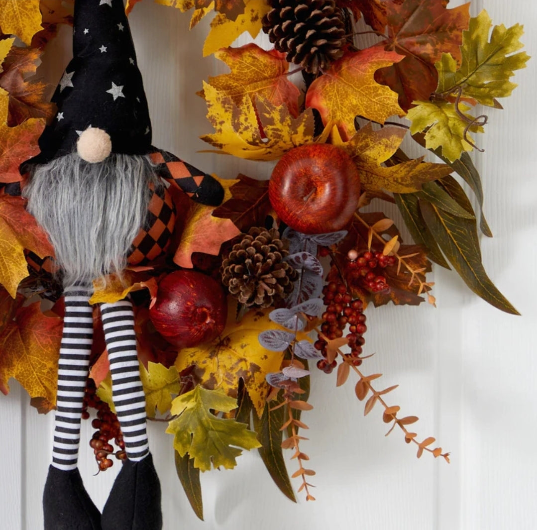 28" Harvest Fall Gnome Artificial Autumn Wreath"