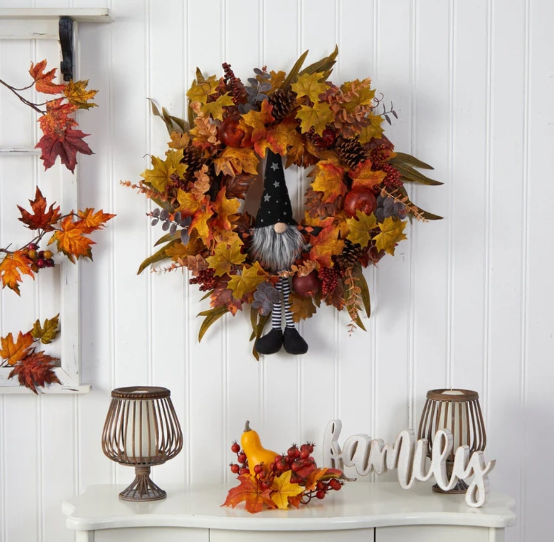 28" Harvest Fall Gnome Artificial Autumn Wreath"