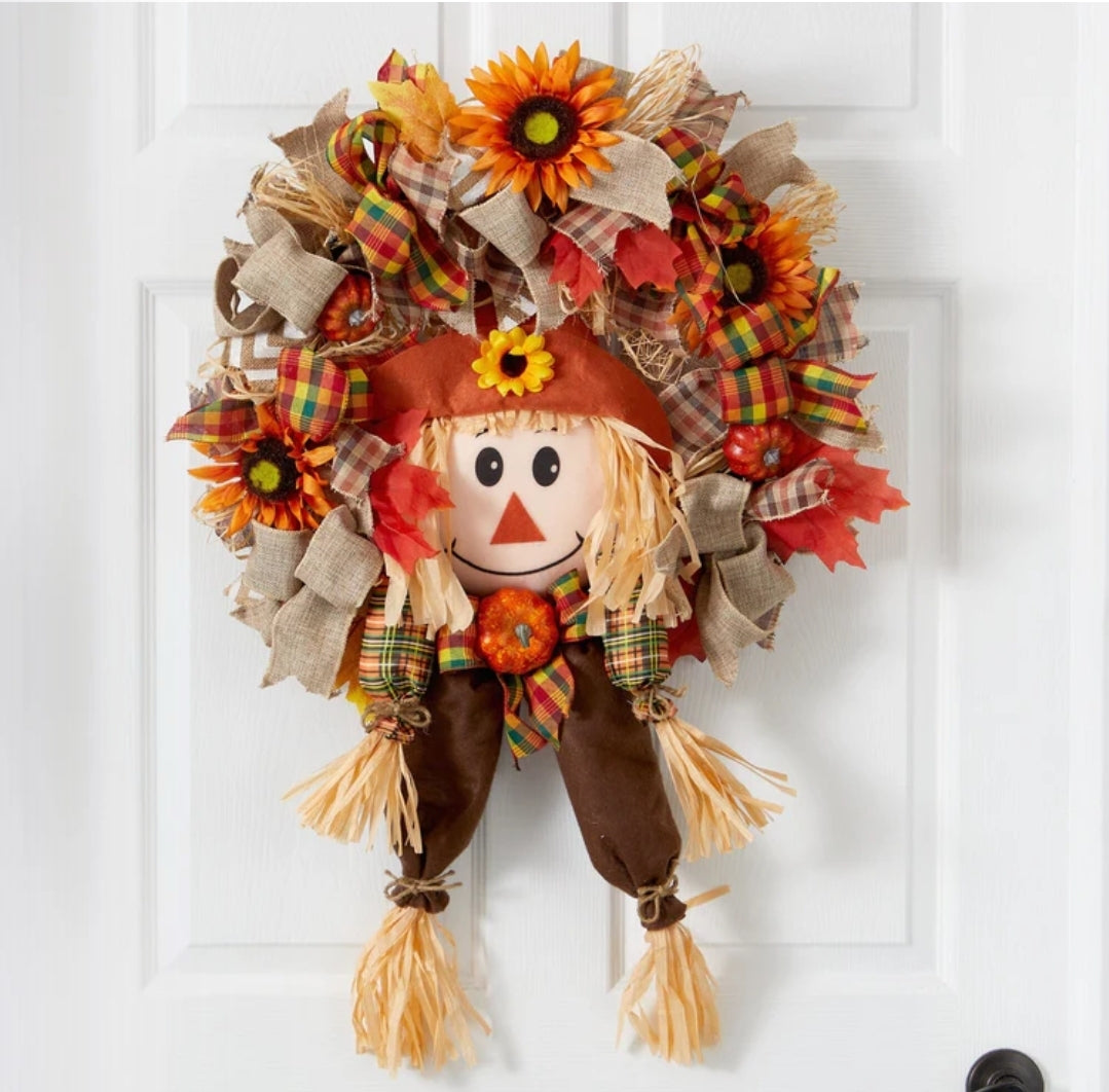 30” Scarecrow Fall Artificial Autumn Wreath with Sunflower, Pumpkin and Decorative Bows