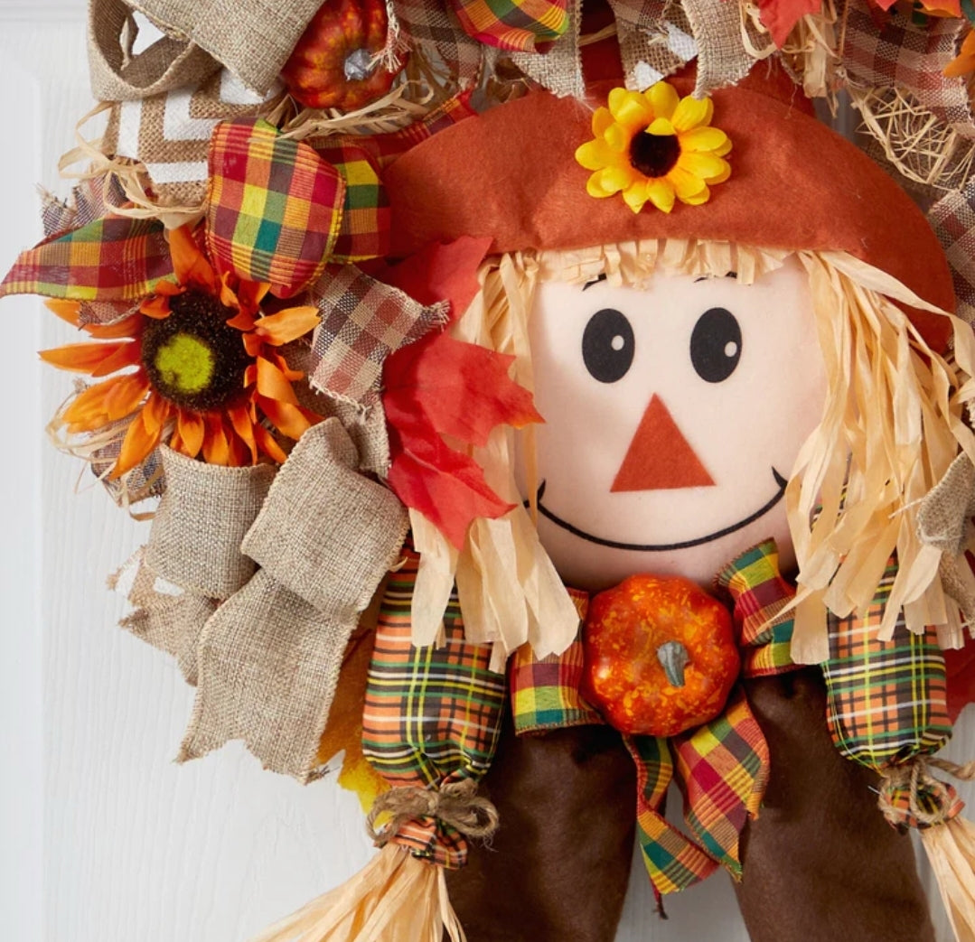 30” Scarecrow Fall Artificial Autumn Wreath with Sunflower, Pumpkin and Decorative Bows