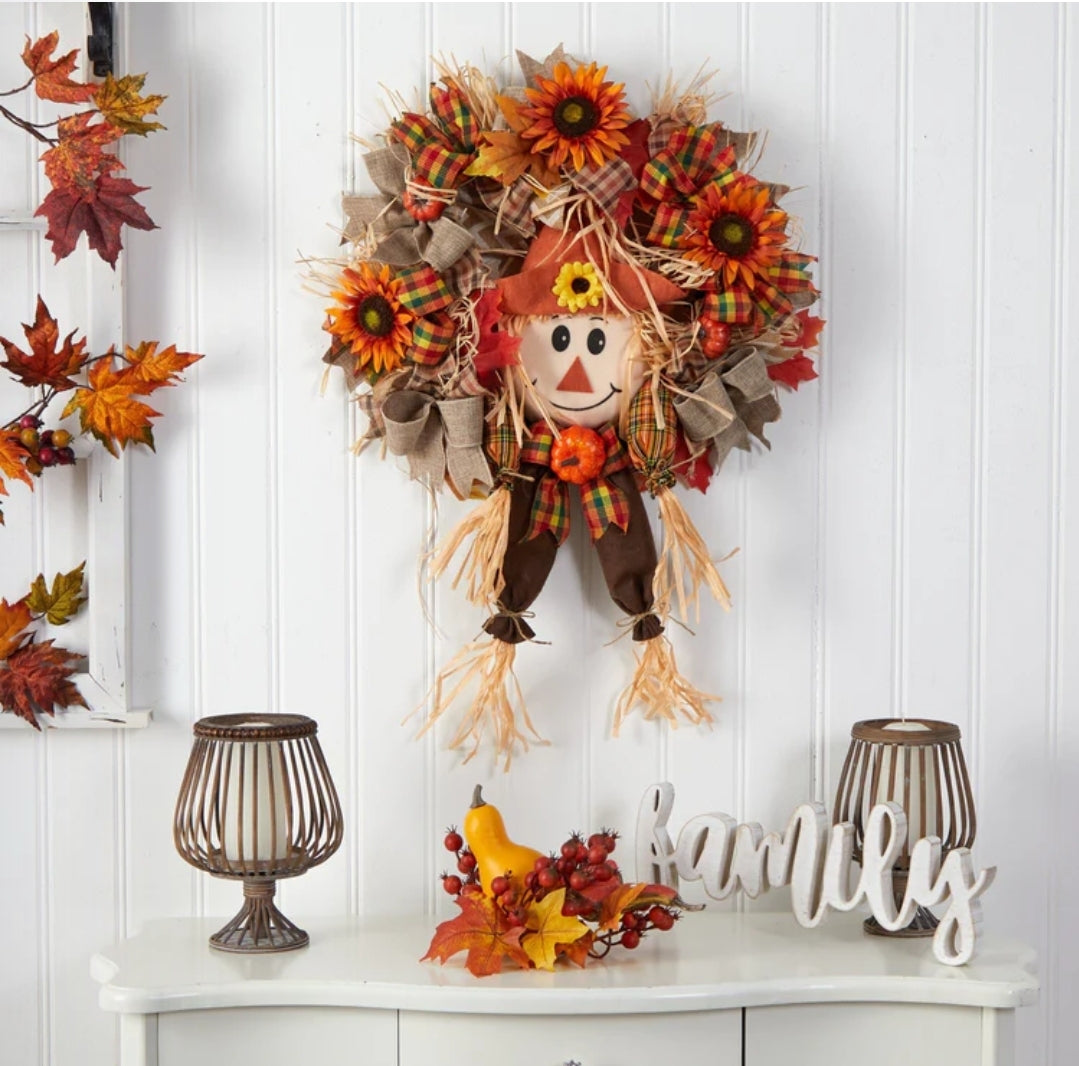 30” Scarecrow Fall Artificial Autumn Wreath with Sunflower, Pumpkin and Decorative Bows