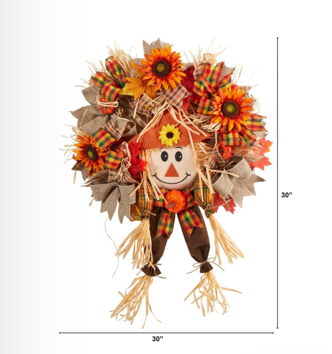 30” Scarecrow Fall Artificial Autumn Wreath with Sunflower, Pumpkin and Decorative Bows