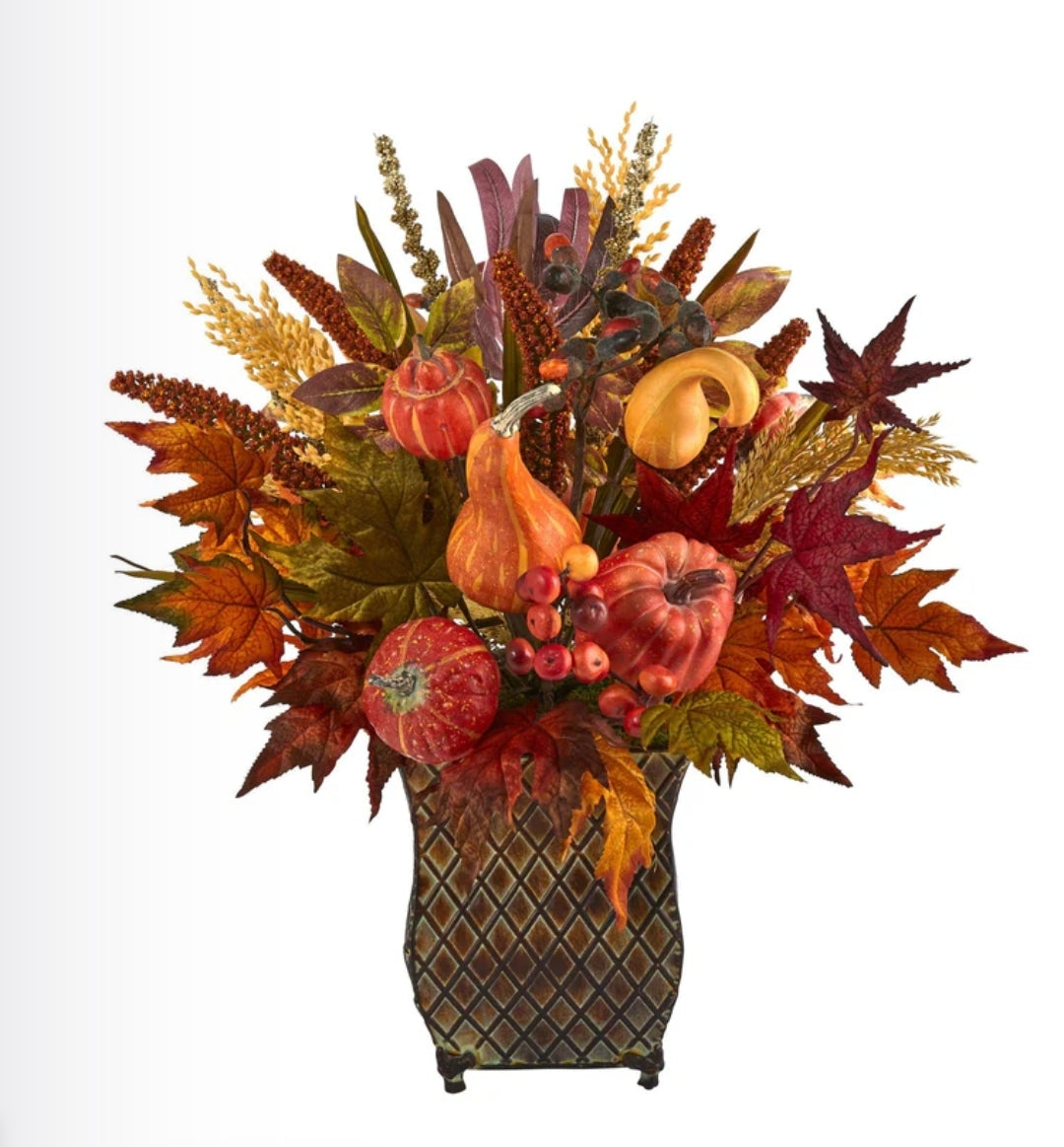 21” Pumpkin, Maple Leaf and Sorghum Harvest Artificial Arrangement in