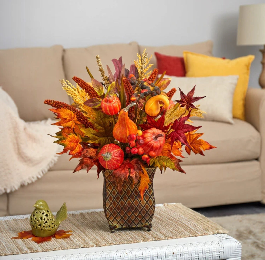 21” Pumpkin, Maple Leaf and Sorghum Harvest Artificial Arrangement in