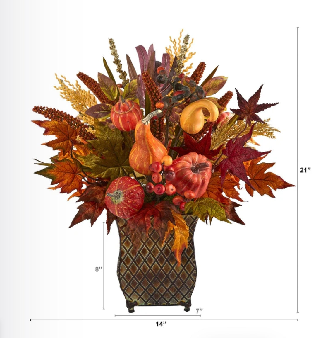 21” Pumpkin, Maple Leaf and Sorghum Harvest Artificial Arrangement in