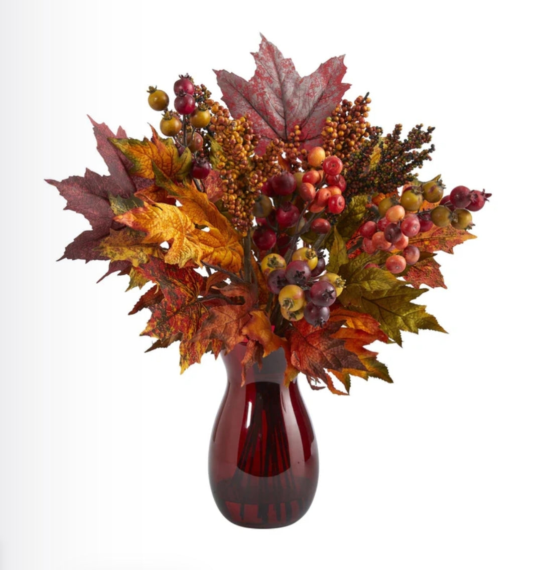 18” Maple Leaf and Berries Artificial Arrangement in Ruby Vase