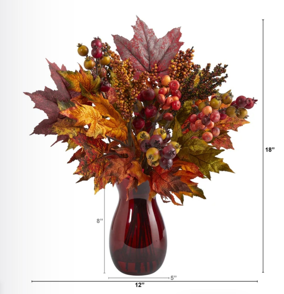 18” Maple Leaf and Berries Artificial Arrangement in Ruby Vase