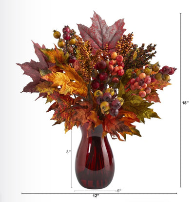 18” Maple Leaf and Berries Artificial Arrangement in Ruby Vase