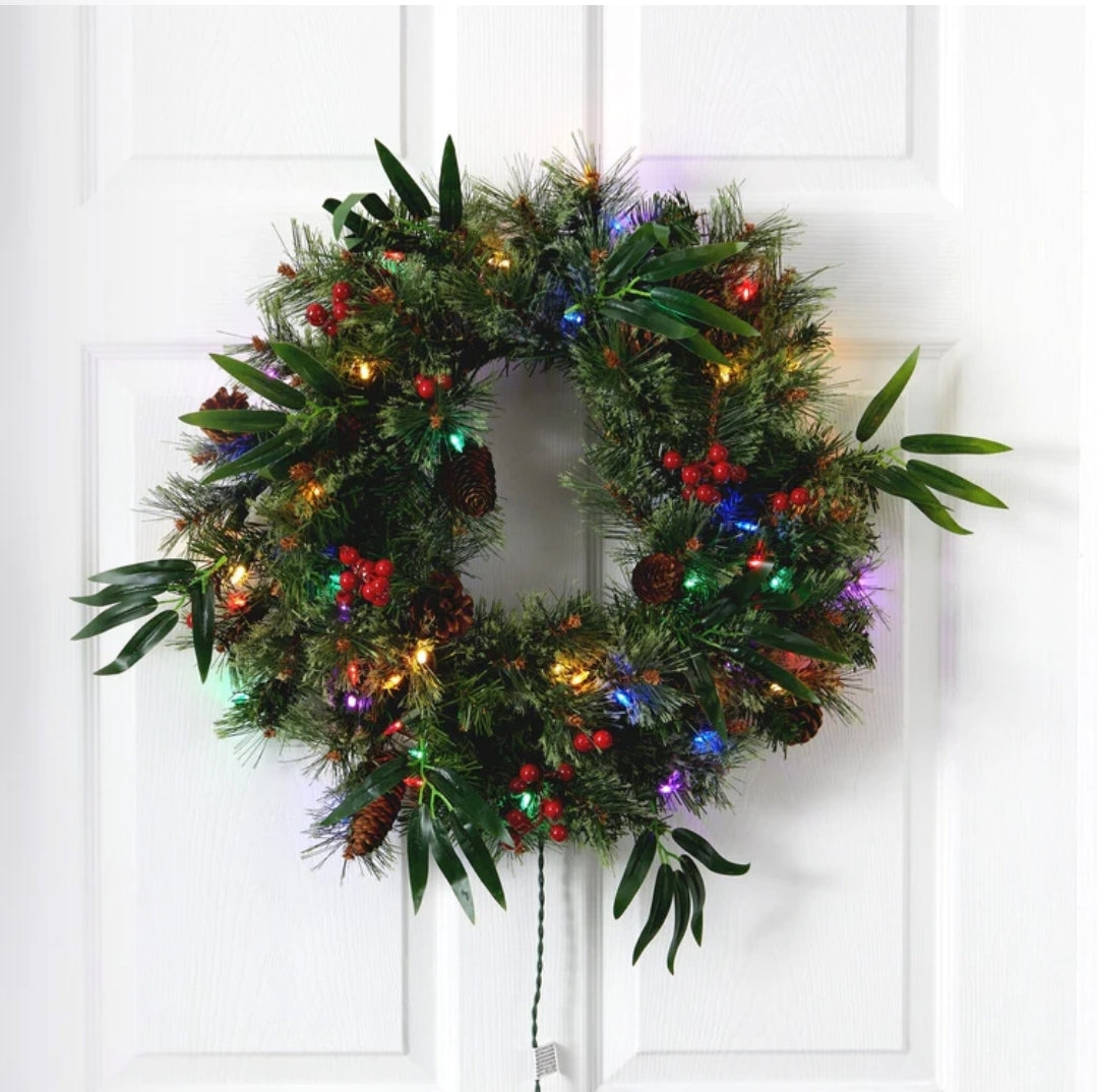 24” Mixed Pine Artificial Christmas Wreath with 50 Multicolored LED Lights, Berries and Pine Cones