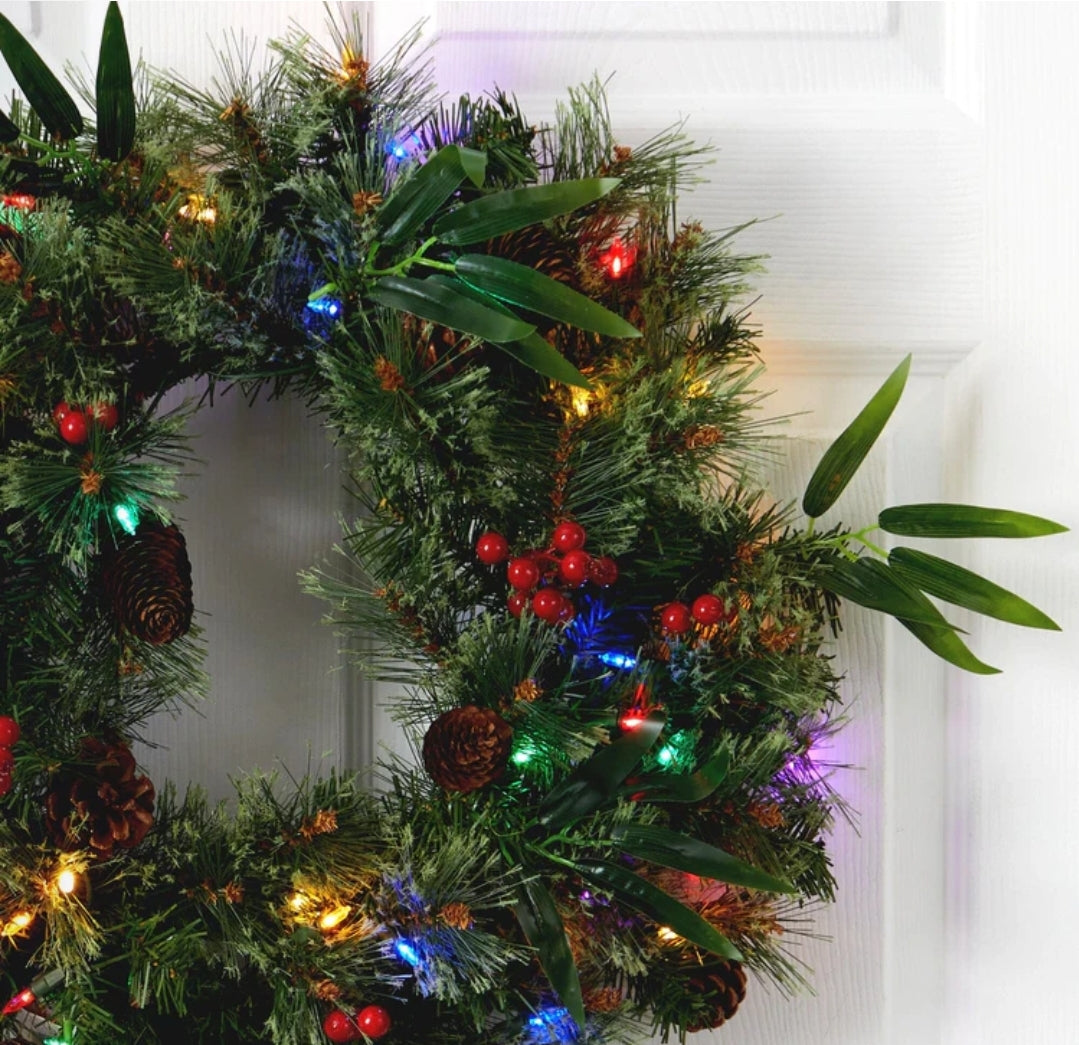 24” Mixed Pine Artificial Christmas Wreath with 50 Multicolored LED Lights, Berries and Pine Cones