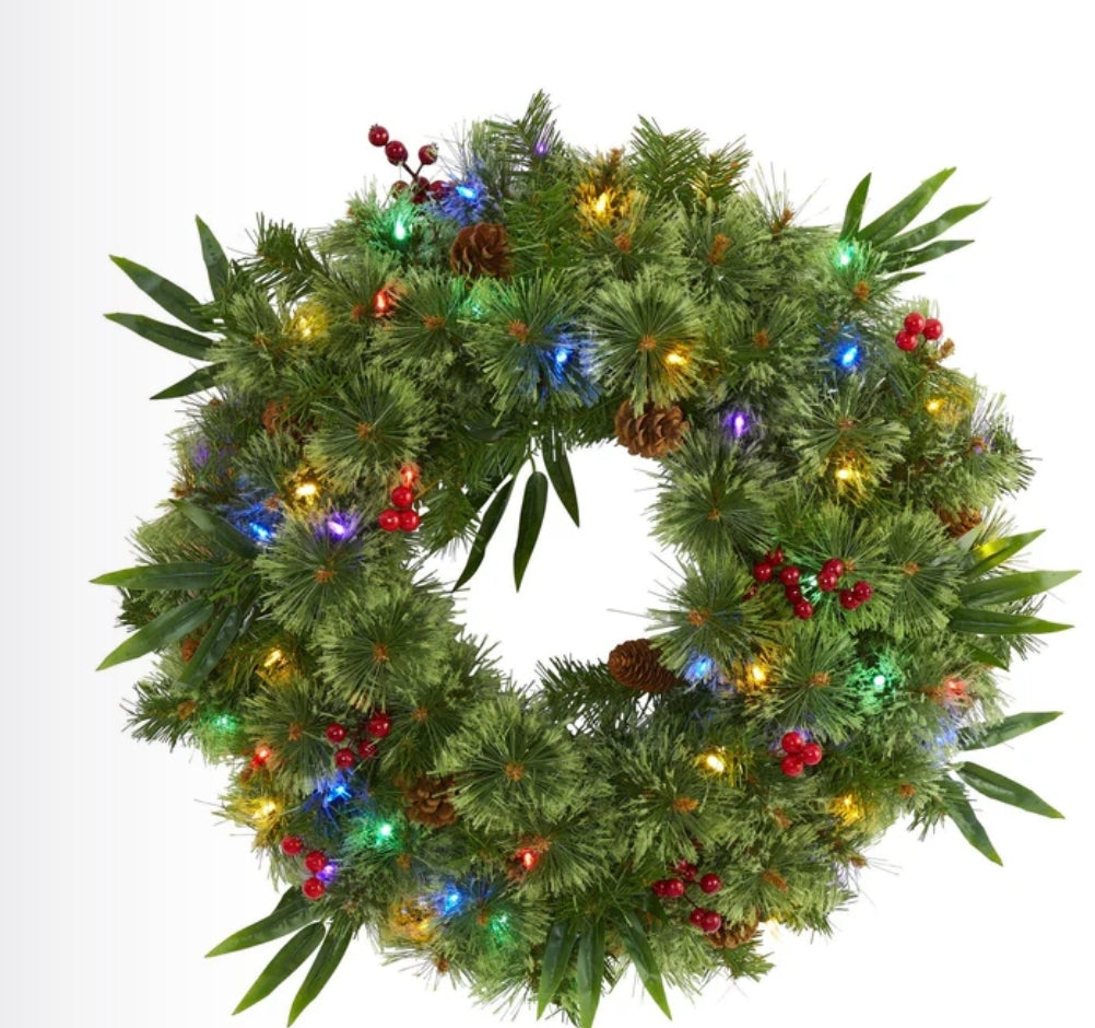 24” Mixed Pine Artificial Christmas Wreath with 50 Multicolored LED Lights, Berries and Pine Cones