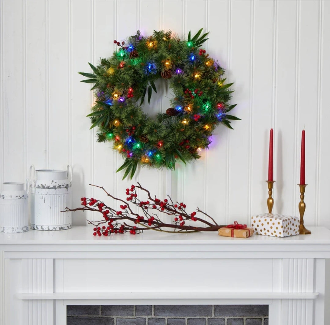 24” Mixed Pine Artificial Christmas Wreath with 50 Multicolored LED Lights, Berries and Pine Cones