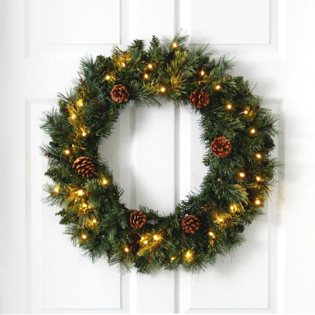 24” White Mountain Pine Artificial Christmas Wreath with 35 LED Lights and Pinecones