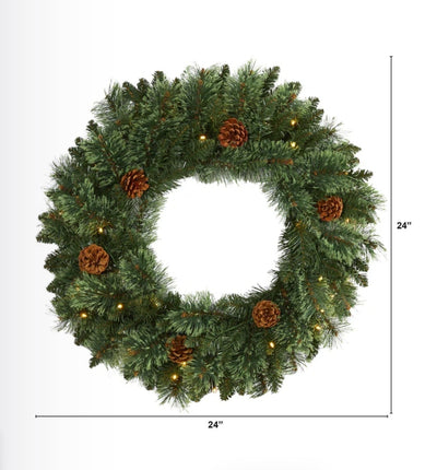 24” White Mountain Pine Artificial Christmas Wreath with 35 LED Lights and Pinecones