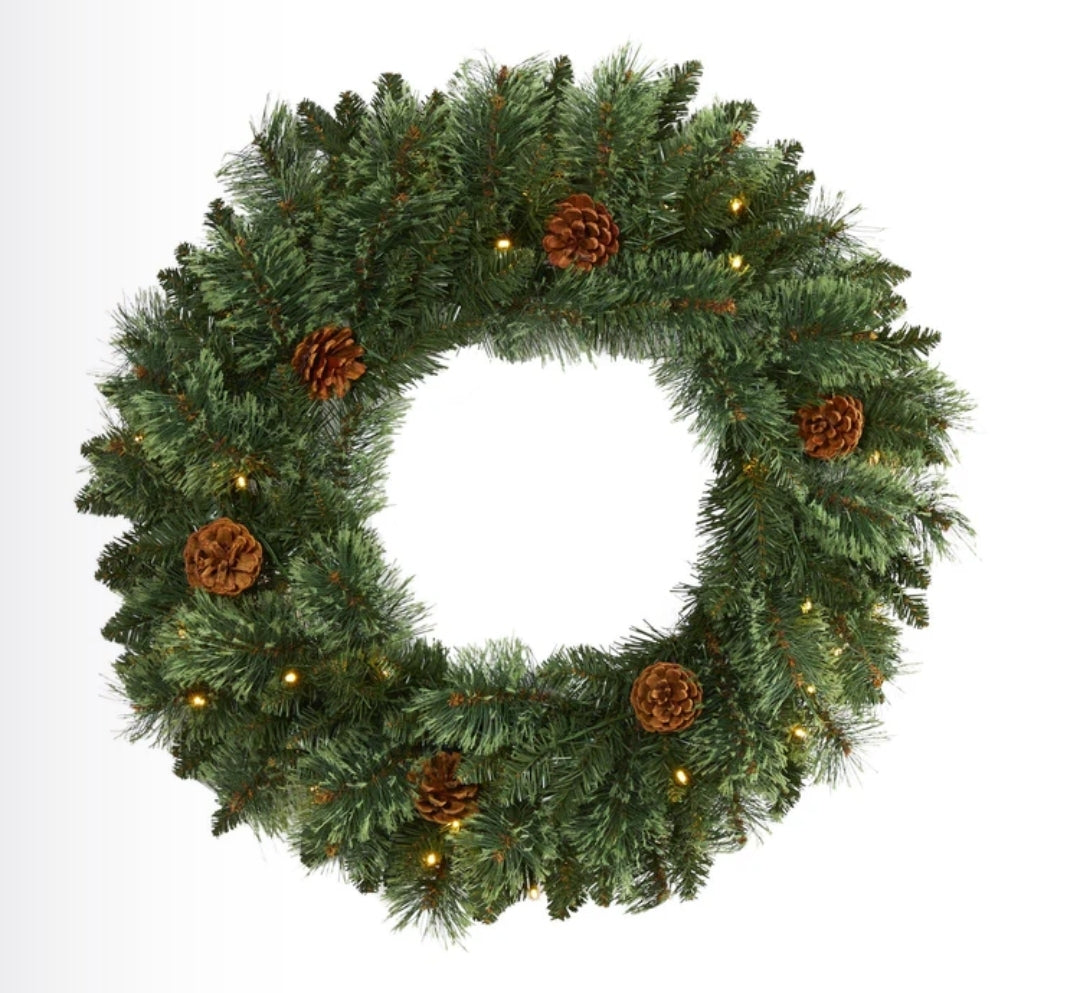 24” White Mountain Pine Artificial Christmas Wreath with 35 LED Lights and Pinecones