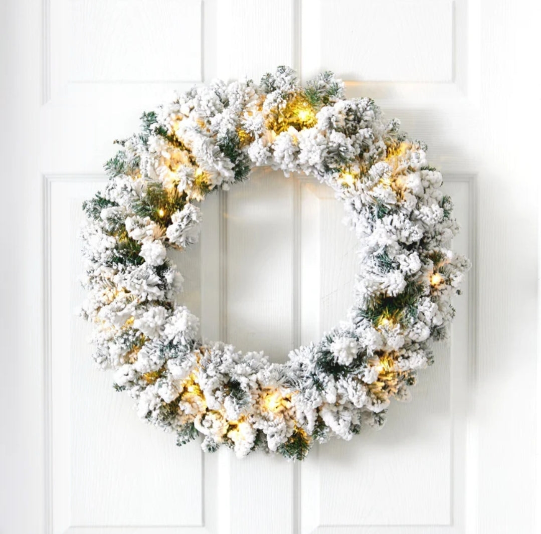 24” Flocked Artificial Christmas Wreath with 160 Bendable Branches and 35 Warm White LED Lights