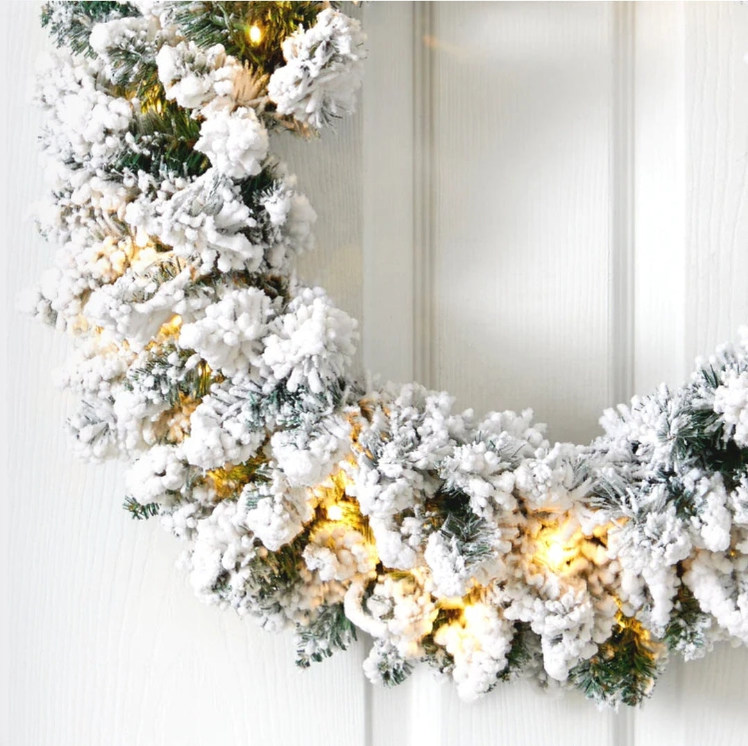 24” Flocked Artificial Christmas Wreath with 160 Bendable Branches and 35 Warm White LED Lights