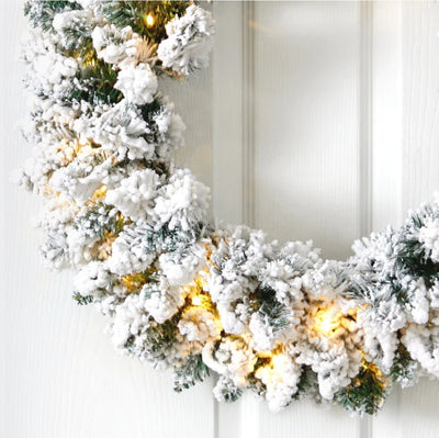 24” Flocked Artificial Christmas Wreath with 160 Bendable Branches and 35 Warm White LED Lights