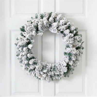 24” Flocked Artificial Christmas Wreath with 160 Bendable Branches and 35 Warm White LED Lights