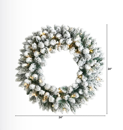 24” Flocked Artificial Christmas Wreath with 160 Bendable Branches and 35 Warm White LED Lights