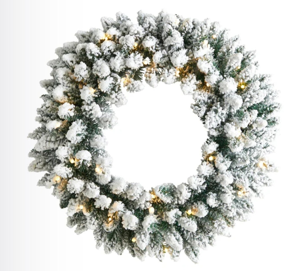 24” Flocked Artificial Christmas Wreath with 160 Bendable Branches and 35 Warm White LED Lights