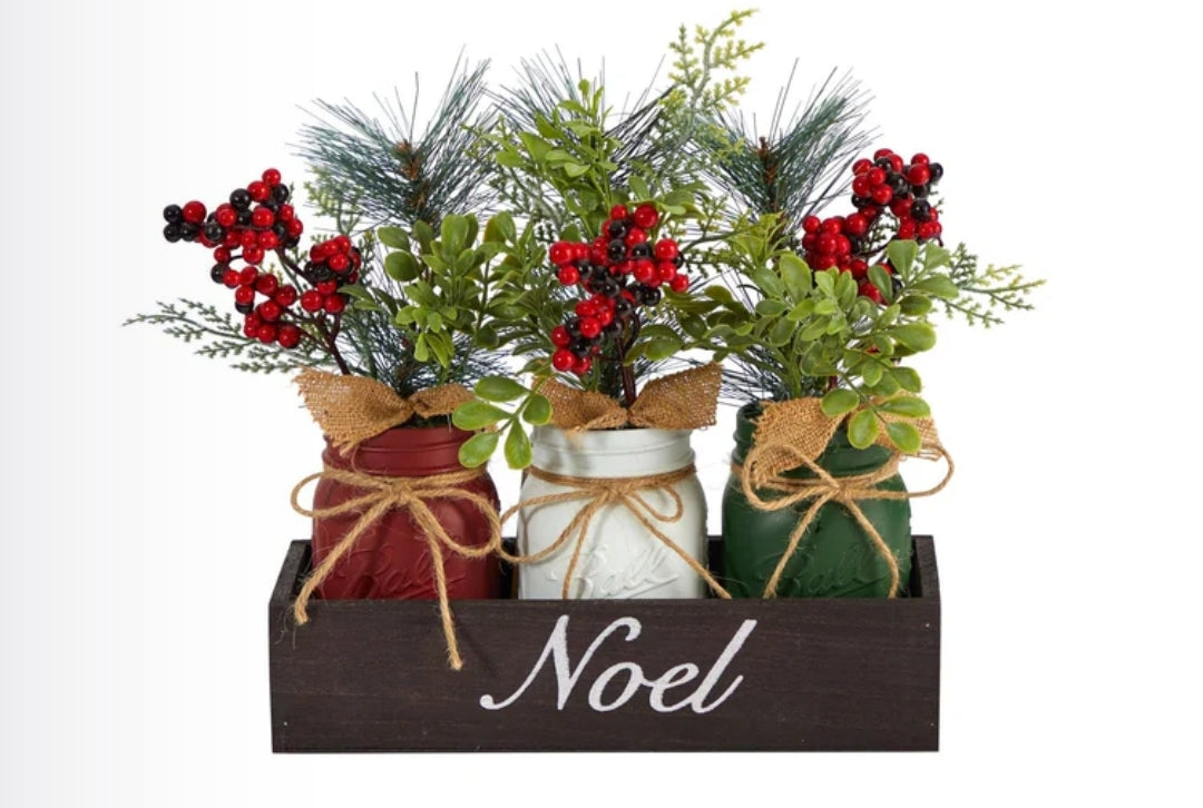 12” Holiday Winter Pine and Berries Three Piece Mason Jar “Noel” Table Christmas Arrangement Décor