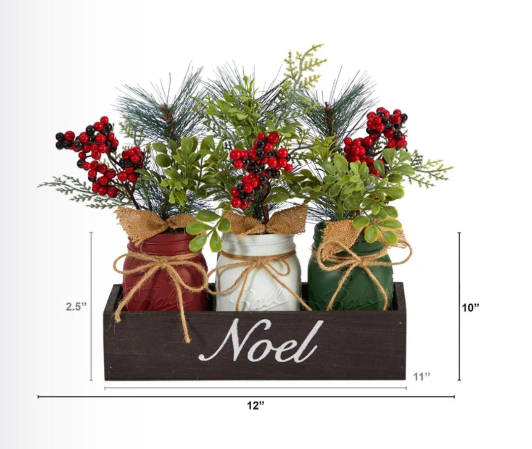 12” Holiday Winter Pine and Berries Three Piece Mason Jar “Noel” Table Christmas Arrangement Décor