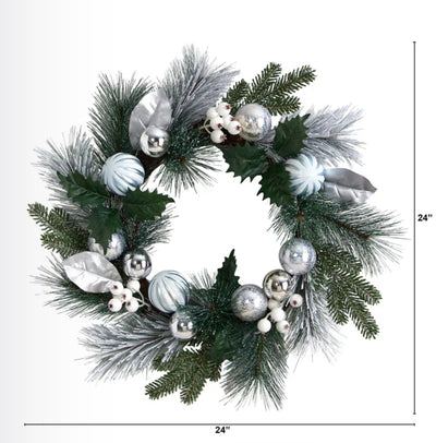 24” Pinecones and Berries Christmas Artificial Wreath with Silver Ornaments