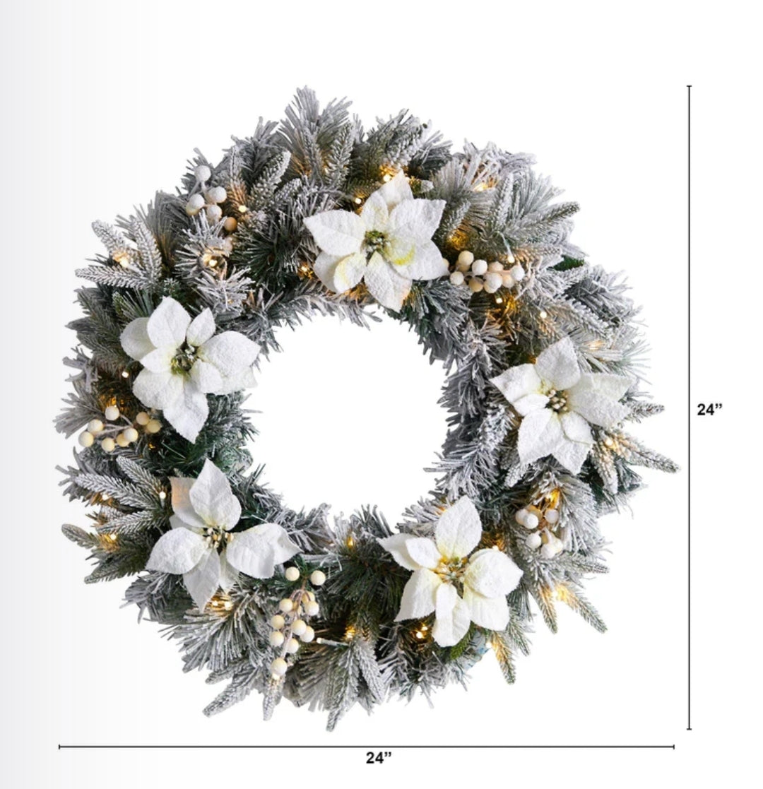 24” Flocked Poinsettia and Pine Artificial Christmas Wreath with 50 Warm White LED Lights